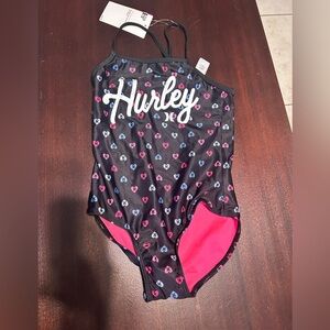 Hurley Kids' Heart Pattern One Piece - Black and Pink